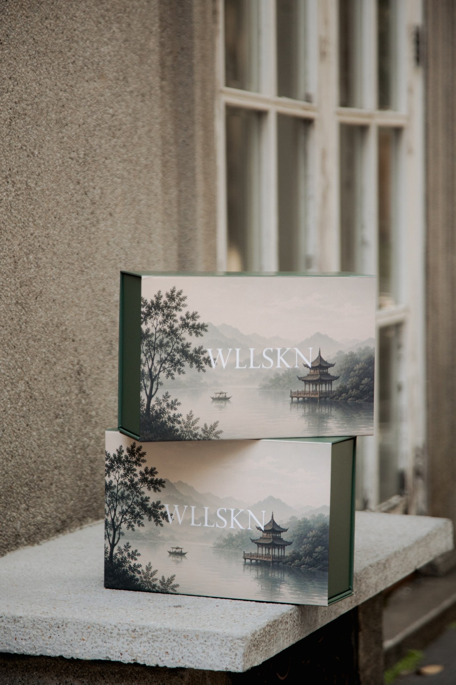 Коробки WLLSKN с пейзажем озера и пагоды